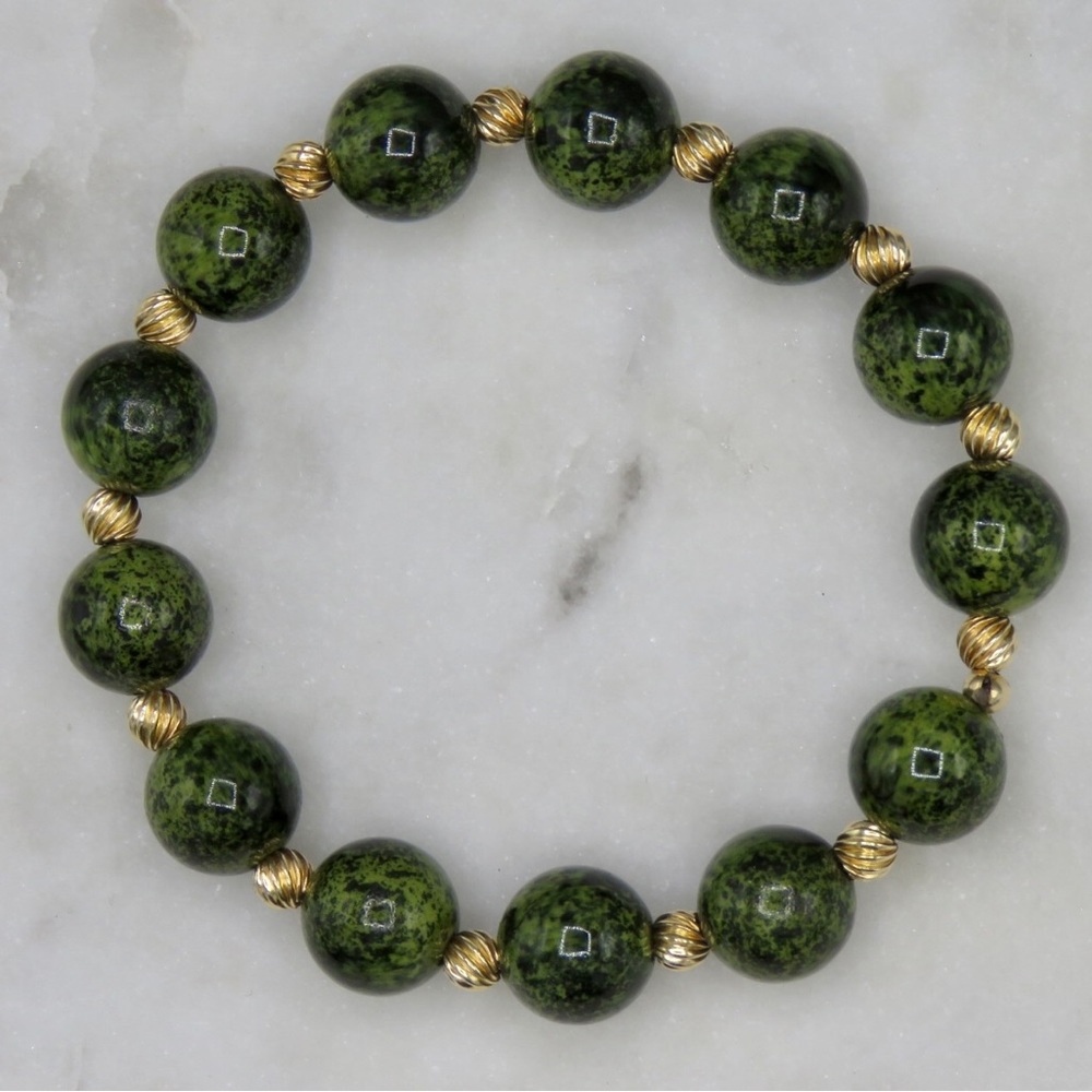Green Kiwi Gemstone Bead and 14Kt gold beaded stretch bracelet